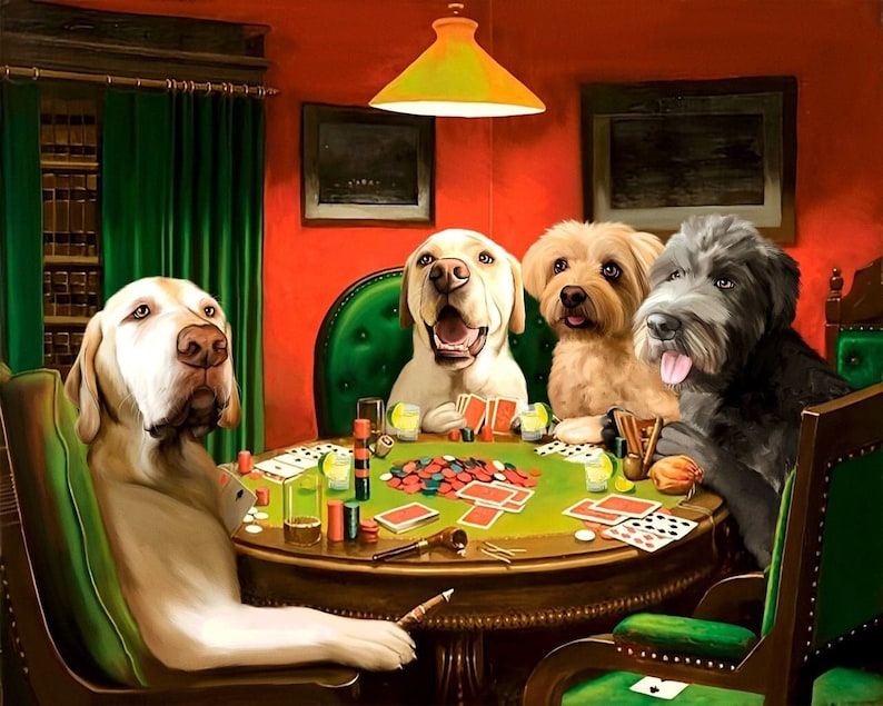 Custom Pet Portrait, Dogs Playing Poker, Funny Pet Lover Gift, Portrait from your photos image 1
