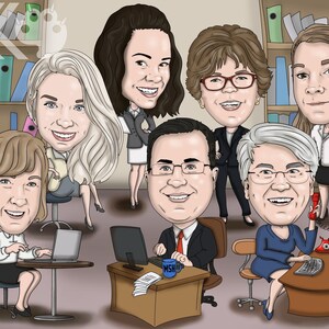 May include: A caricature of a group of seven people in a business setting. The people are all smiling and appear to be colleagues. There are desks, chairs, and office supplies in the background.