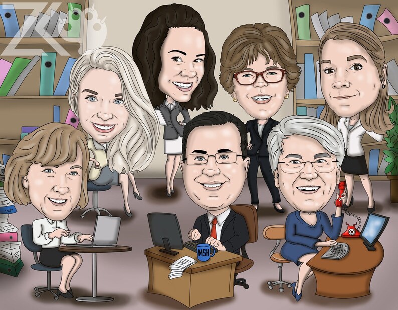 May include: A caricature of a group of seven people in a business setting. The people are all smiling and appear to be colleagues. There are desks, chairs, and office supplies in the background.