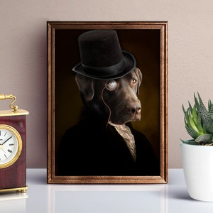 May include: A framed portrait of a brown dog wearing a black top hat and a monocle. The dog is looking to the right of the frame. The background is a dark brown color.