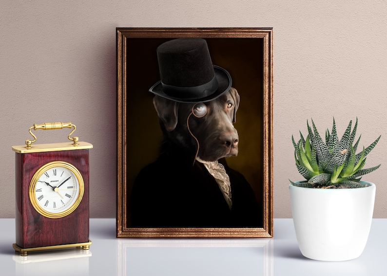 May include: A framed portrait of a brown dog wearing a black top hat and a monocle. The dog is looking to the right of the frame. The background is a dark brown color.