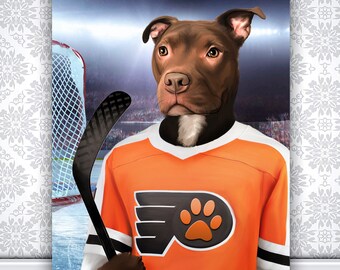 Cadeau hockey de Philadelphie, cadeau pour amateur de hockey, cadeau LNH, portrait d'animal de compagnie personnalisé, chien joueur de hockey