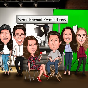 May include: A caricature illustration of a group of people in a film studio setting. The group is standing in front of a green screen and a sign that reads "Semi-Formal Productions".