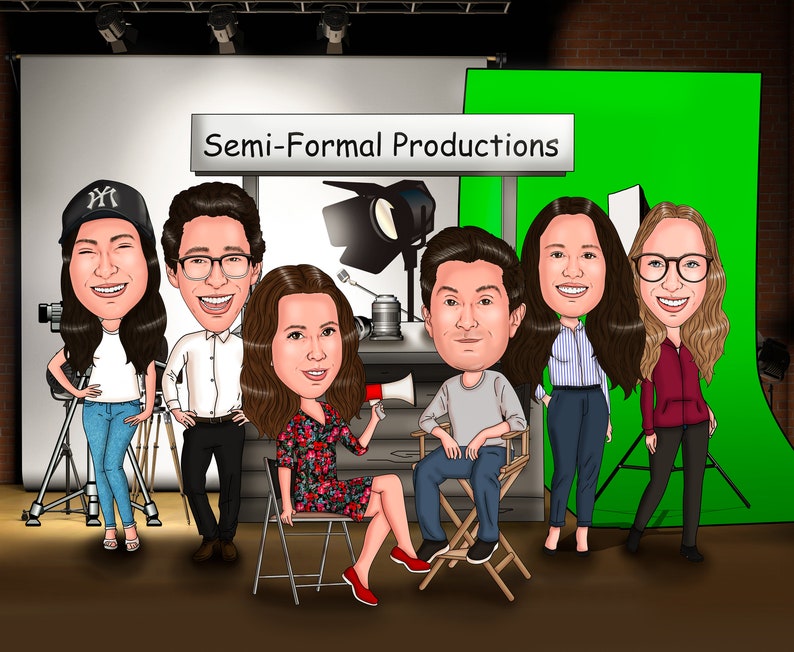 May include: A caricature illustration of a group of people in a film studio setting. The group is standing in front of a green screen and a sign that reads "Semi-Formal Productions".