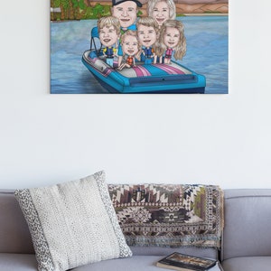 May include: A framed cartoon illustration of a family on a boat, set against a backdrop of a lake and mountains. The boat is blue with pink stripes. The family consists of six people, all wearing life vests.