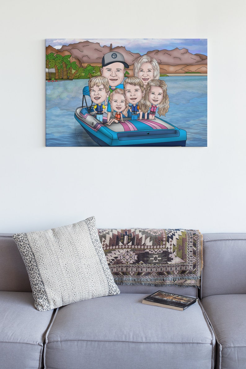 May include: A framed cartoon illustration of a family on a boat, set against a backdrop of a lake and mountains. The boat is blue with pink stripes. The family consists of six people, all wearing life vests.