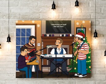 May include: A cartoon illustration of a band playing music in a living room decorated for Christmas. The band consists of four people, two playing guitars, one playing a keyboard, and one singing. The text on the TV screen reads "I wanna buy you stuff that you need".
