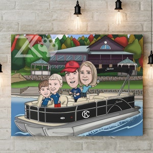 May include: A cartoon illustration of a family on a black pontoon boat. The boat is on a lake with a house and trees in the background. The family is smiling and waving. The boat has the word "Sunstate" on it.