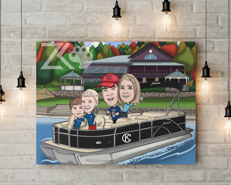 May include: A cartoon illustration of a family on a black pontoon boat. The boat is on a lake with a house and trees in the background. The family is smiling and waving. The boat has the word "Sunstate" on it.