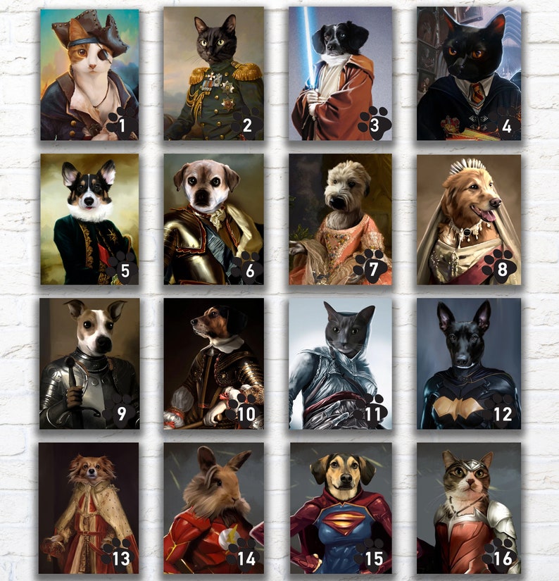 Pu&ograve; includere: Una collezione di sedici stampe su tela con ritratti di animali in costume. Gli animali, tra cui gatti, cani e un coniglio, sono raffigurati come figure storiche, supereroi e personaggi della cultura popolare.