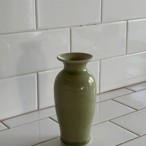 Small green pottery vase, avocado green vase, floral home decor vase