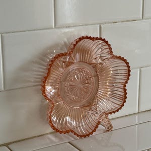 Vintage pink depression glass pressed glass shamrock dish, glass trinket candy dish