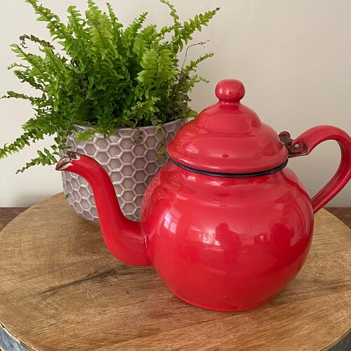 Vintage French Red Polka Dot Enamel Teapot and Cup S/5 Etsy