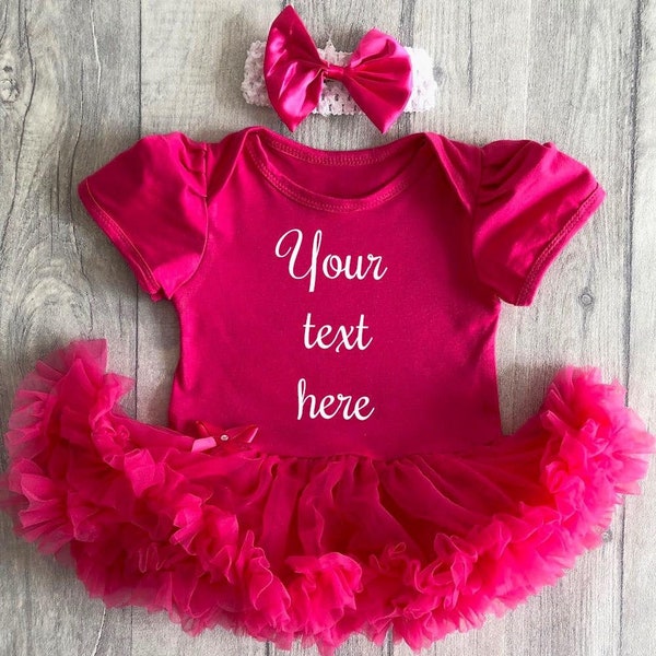 Customise and Personalise Your Own Dark Pink Tutu Romper with Bow Headband, Newborn Birthday Princess Gift Keepsake Present, Christmas