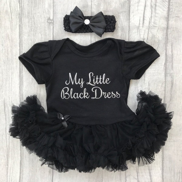 Baby Girls Little Black Dress, Newborn Princess LBD Tutu Romper with Bow Headband, Baby Shower Gift Party Fashion Silver Glitter