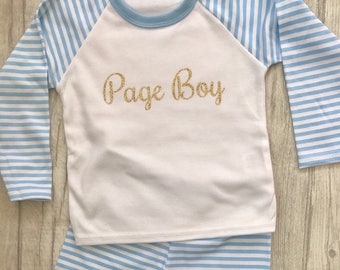 Boy's Page Boy Blue & White striped Pyjama set Top/Pants, Boys Pjs, Sleepwear, Wedding, Love, Present, Smart, Engagement Keepsake Gift