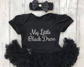 Baby Girls Little Black Dress, Newborn Princess LBD Tutu Romper with Bow Headband, Baby Shower Gift Party Fashion Silver Glitter
