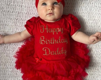 Happy Birthday Daddy Baby Girl's Tutu Romper with Bow Headband, Newborn Baby Party Dress, Daddy's Girl Keepsake Gift, Birthday Present