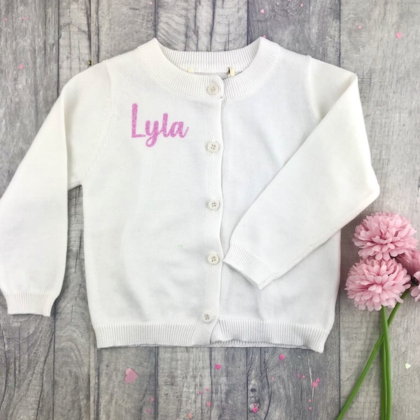 Personalised Girl's White Cardigan, Pink Glitter Fancy Swirl font Style Name, Baby Girl's Cardigan Jacket, Keepsake Gift