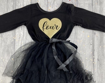 Girls Birthday Black Dress, Birthday Princess Long Sleeve Black Tutu Dress with Gold Love Heart, 1st 2nd 3rd 4th 5th Birthday Party Dress