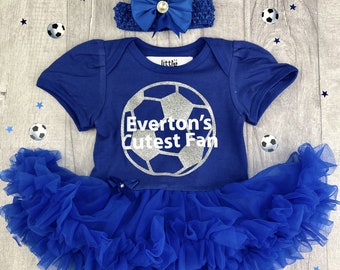 Baby Girl's Everton Football Blue Tutu Romper with Bow Headband, Everton's Cutest Fan, Newborn Football Kit Daddy's Girl