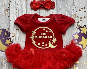 Baby Girl's Eid Mubarak Red Tutu Romper with Bow Headband, Gold Moon and Stars, Newborn Celebrate Love Cute Gift Present Princess Family