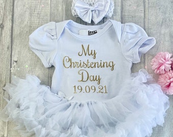 Personalised Christening Day Outfit, Baby Girl's Tutu Romper with Bow and Headband, Newborn Keepsake Gift, Celebrate Special Day