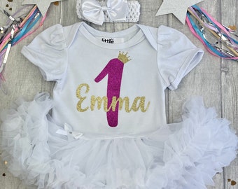 Personalised Baby Girl's 1st 2nd Birthday Outfit, Birthday Princess Tutu Romper with Bow Headband Pink Glitter Number Gold Crown Party Dress