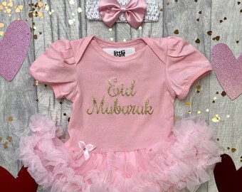 Baby Girl's Eid Mubarak Pink Tutu Romper with Bow Headband, Gold Glitter Newborn Princess First Eid Outfit, Eid Ramadan Keepsake Gift