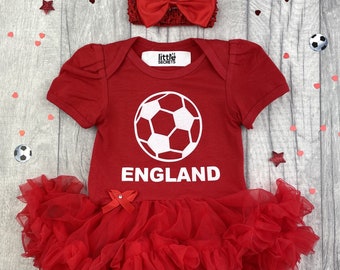 World Cup Baby Girl's England Football Outfit, White Glitter England Newborn Red Tutu Romper with Bow Headband