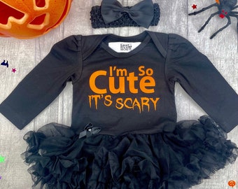 Baby Girl's Halloween Costume, I'm so Cute it's Scary Orange Design, Black Tutu Romper with Bow Headband, Halloween Fancy Dress Party