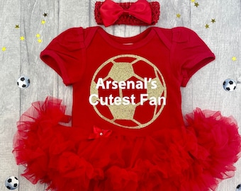 Baby Girl's Arsenal Football Red tutu romper with bow headband, Arsenal's Cutest Fan Gold Glitter Football Design, Newborn Daddy's Girl