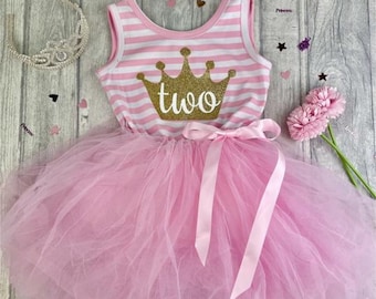 2nd Birthday Light Pink Stripe Sleeveless tutu dress with Pink Bow, Gold glitter crown, girls party dress, summer dress, princess baby girl