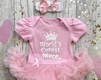 World's Cutest Niece Outfit, Baby Girl's Tutu romper with Bow and Headband, Newborn Princess Keepsake, Aunty Present, White Princess Crown