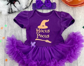 Hocus Pocus Witch Halloween Outfit, Baby Girl's Tutu Romper with Bow Headband, Newborn Fancy Dress Witch Costume Halloween Party