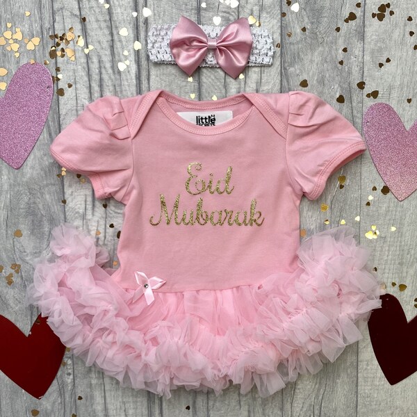 Baby Girl's Eid Mubarak Pink Tutu Romper with Bow Headband, Gold Glitter Newborn Princess First Eid Outfit, Eid Ramadan Keepsake Gift