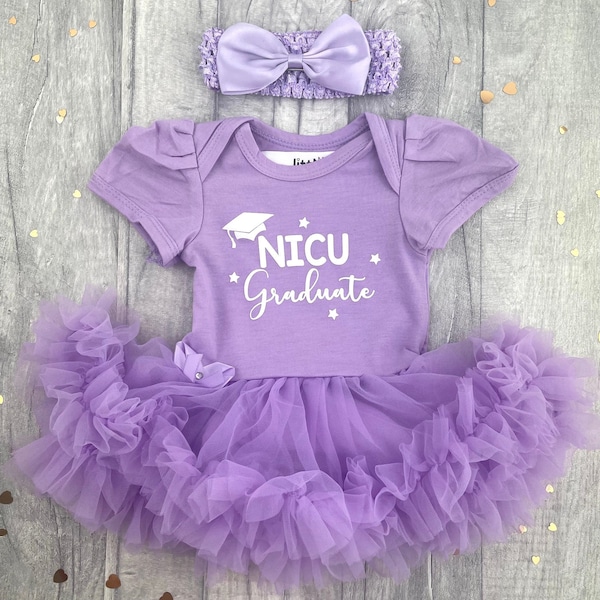 NICU Graduate Premature Baby Girl's Outfit, Newborn Tutu Romper with Bow Headband, Baby Keepsake Present, White Glitter Stars and Cap Design