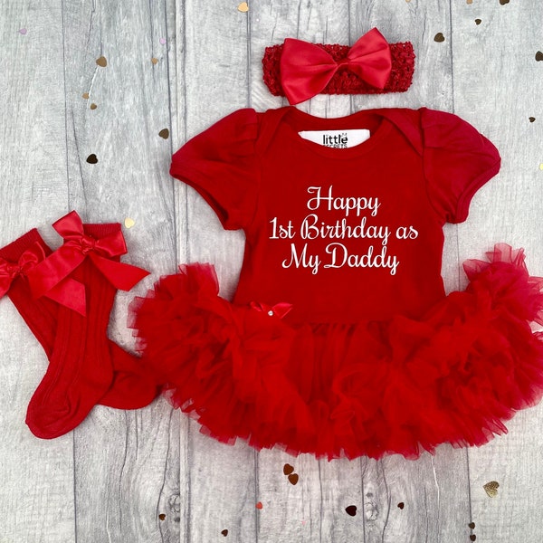 Gift for Daddy, Happy 1st Birthday as My Daddy Baby Girl's Outfit Set, Newborn Red Tutu Romper, Headband and Socks, Daddy's Girl Princess