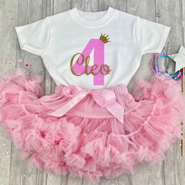 Tenue d'anniversaire rose personnalisée pour fille, t-shirt blanc d'anniversaire de princesse avec jupe tutu rose boutique, fête d'anniversaire, célébration