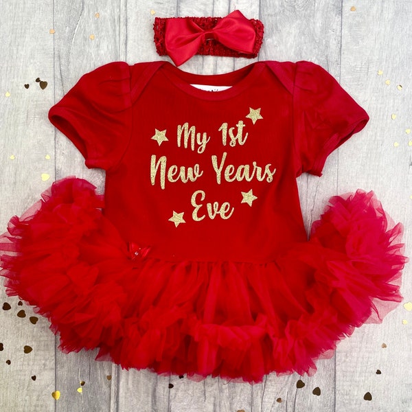 Babies First New Years Eve Tutu Romper with Bow and Headband, Gold Glitter Star Design, Newborn Celebrate Party Dress Keepsake Gift