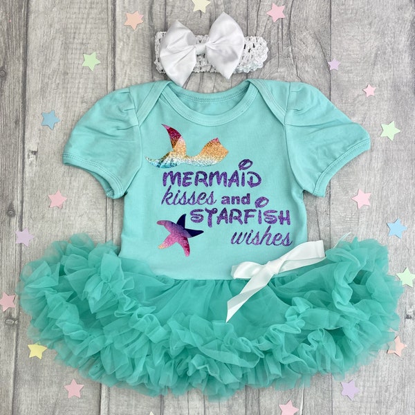 Baby Girl's Mermaid Tutu Romper with Bow Headband, Newborn Summer Dress, Mermaid and Starfish Rainbow Design, Keepsake Present