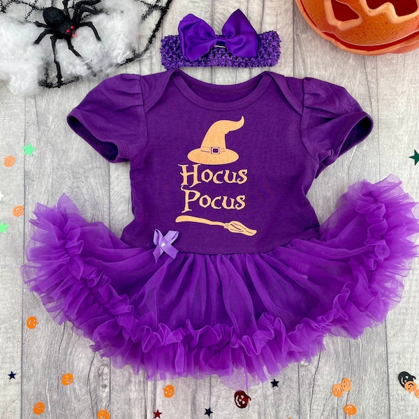 Hocus Pocus Bruja Traje de Halloween, Pelele de tutú para niña con Diadema de Lazo, Disfraz de Bruja para recién Nacido, Fiesta de Halloween