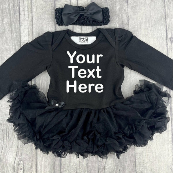 Customise and Personalise Your Own Black Long Sleeve Tutu Romper with Headband, Christmas Newborn Princess Gift Birthday Keepsake Present