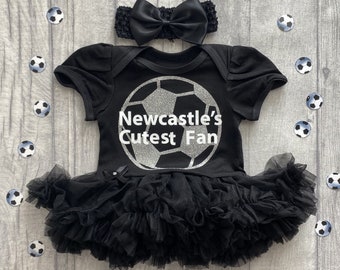 Baby Girl's Newcastle Football Black Tutu Romper with Bow Headband, Newcastle's Cutest Fan Silver Glitter Football Kit, Newborn Daddy's Girl