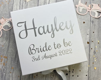 Personalised White Bride to Be Gift Box with Ribbon Bow, Memory Wedding Day Hen Party Keepsake