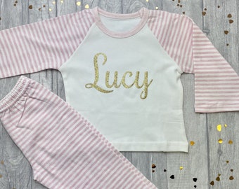 Girl's Personalised Pink PJs, Pink & White striped Pyjama Set with Glitter Custom Name, Baby Girl Princess Sleepwear Gift Nightwear