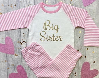 Girls Big Sister Pink Pyjamas, Sisters Pink & White Stripe Pyjama Set, Newborn Baby Girl Gift, Princess PJs, Family Keepsake