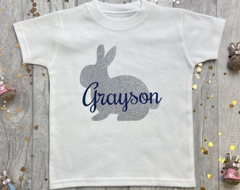 Personalised Easter T-Shirt, Boy's Girl's Short Sleeve White Top with Silver Glitter Easter Bunny Design, Easter Outfit Keepsake Gift