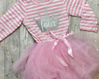 Girl's 4th Birthday Pink Dress, Silver Crown Pink and White Long Sleeved striped Tutu Dress with Bow Four Year Old Girl Princess Party Dress