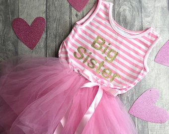 Big Sister Dress, Light Pink Striped Sleeveless Tutu Dress with Pink Bow, Newborn Announcement Outfit Keepsake Gift, Girl's Summer Dress